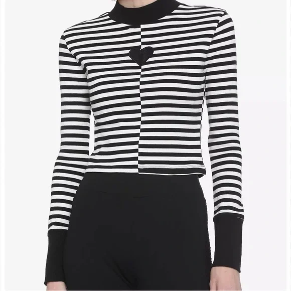 HOT TOPIC Black & White Stripe Heart Mock Heart Front Long-Sleeve Top Xl - Picture 1 of 11